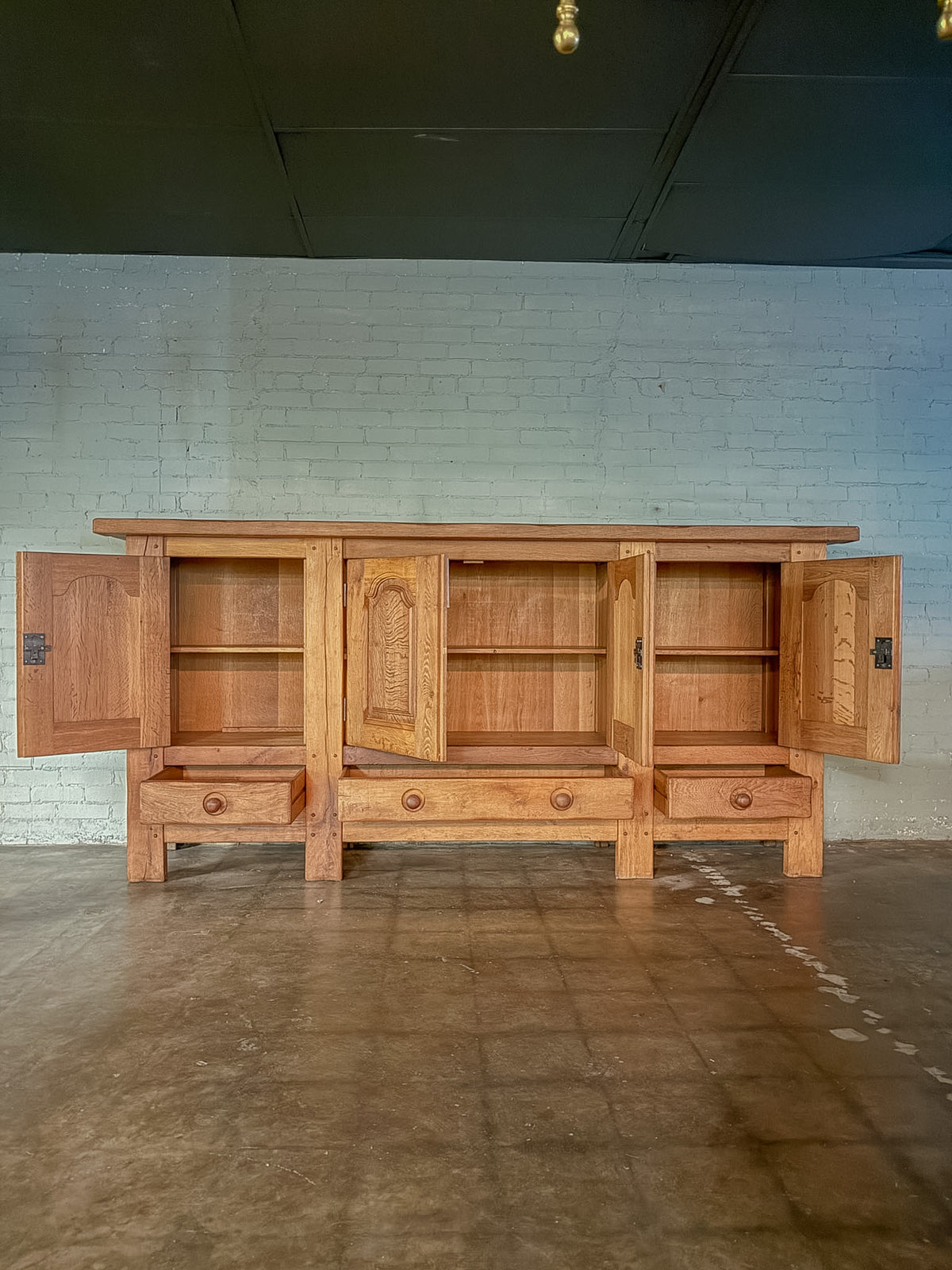 Mid 1900s Rustic French Light Oak Paneled Sideboard