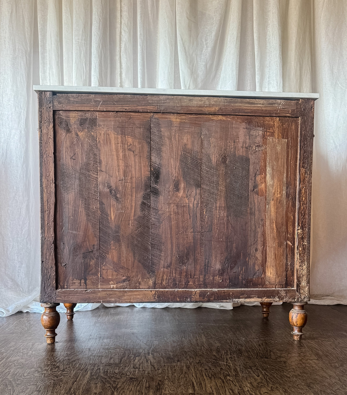 Walnut Flame Veneered Commode with White Marble Top