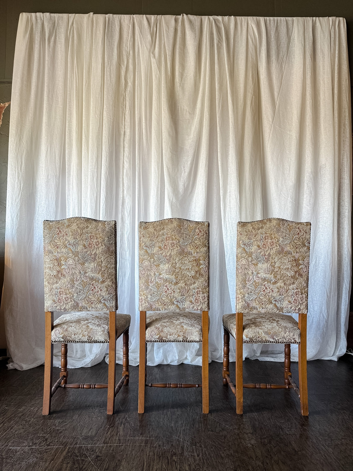 Set of Six Floral Tapestry Dining Chairs with Turned Legs