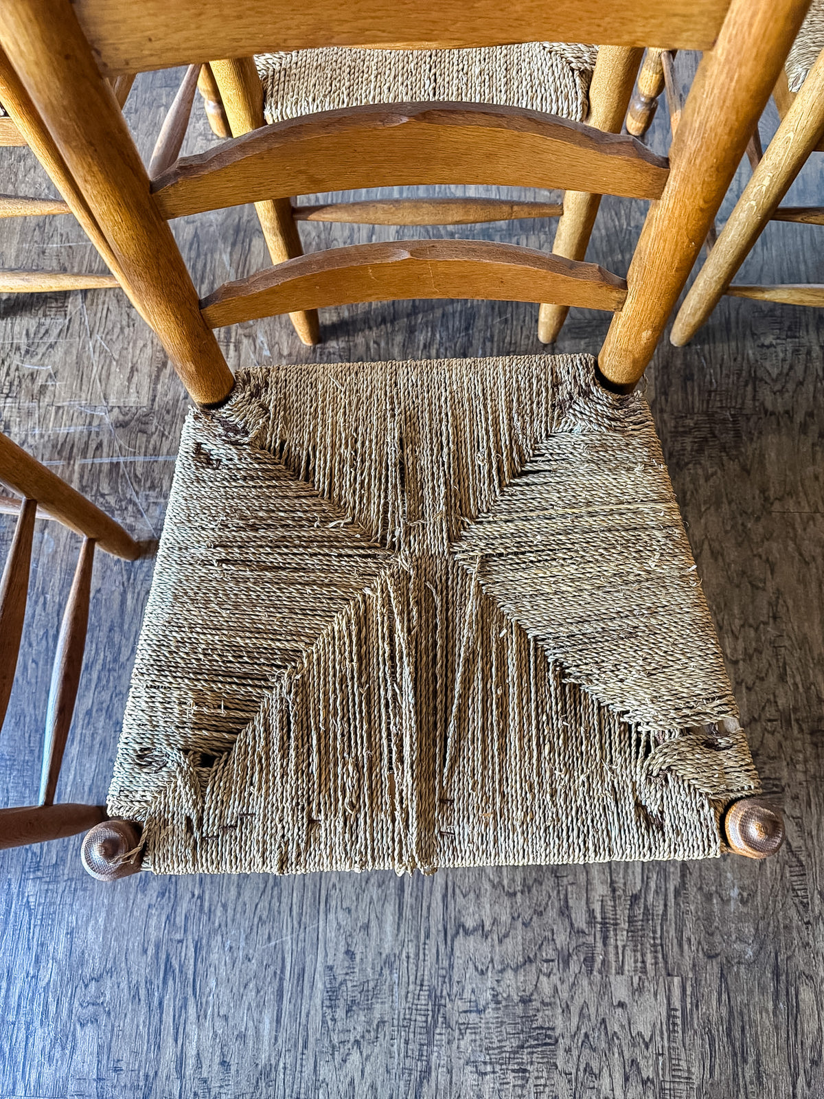 Set of Six French Ladder Back Dining Chairs with Rush Seats and Turned Finials