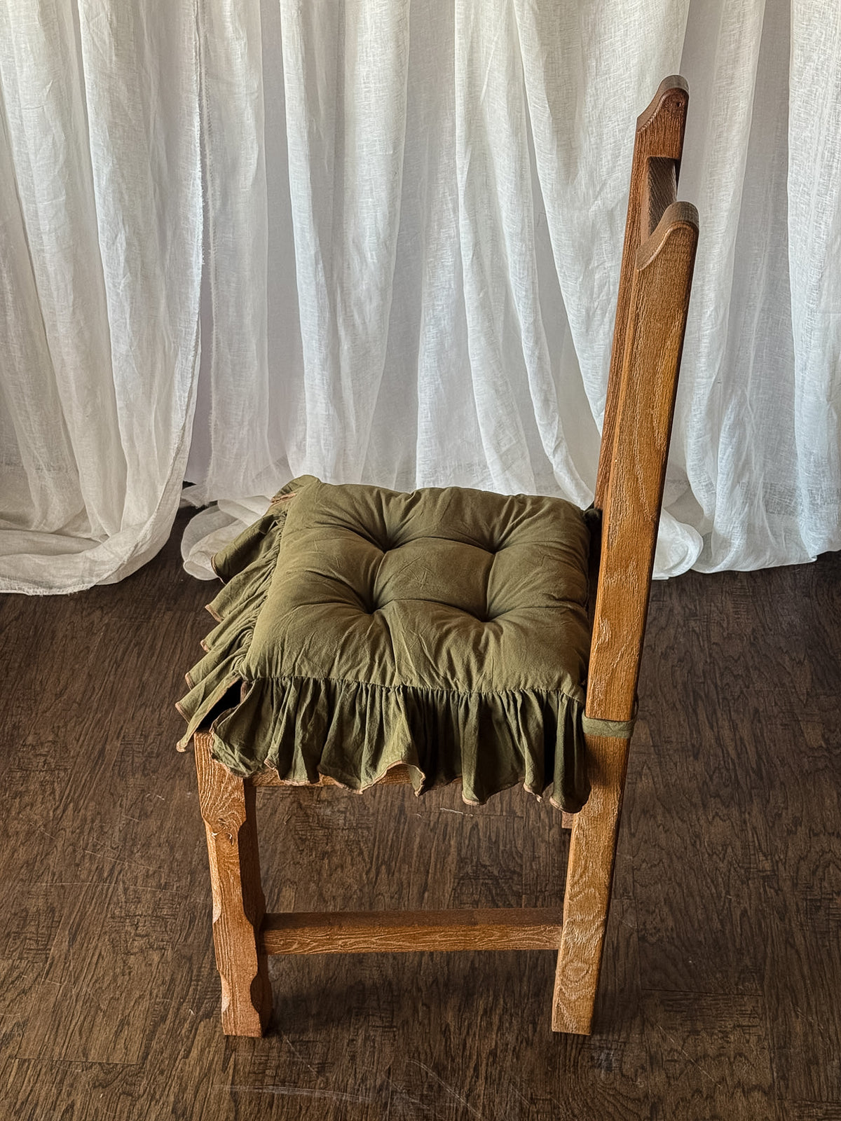 Set of Six Rustic French Oak Dining Chairs with Rush Seats