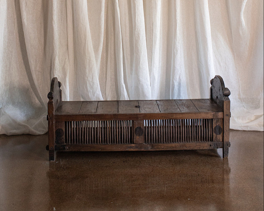 Vintage Primitive Style Carved Teak Wood Bench With Storage