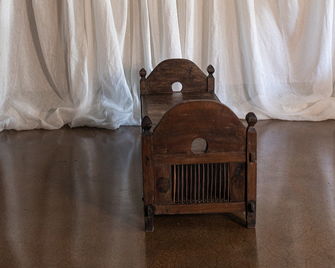 Vintage Primitive Style Carved Teak Wood Bench With Storage