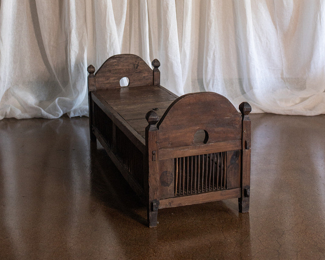 Vintage Primitive Style Carved Teak Wood Bench With Storage
