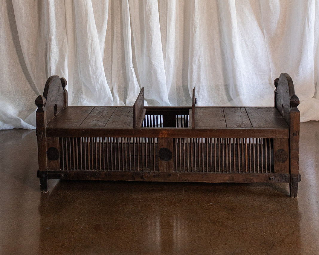 Vintage Primitive Style Carved Teak Wood Bench With Storage