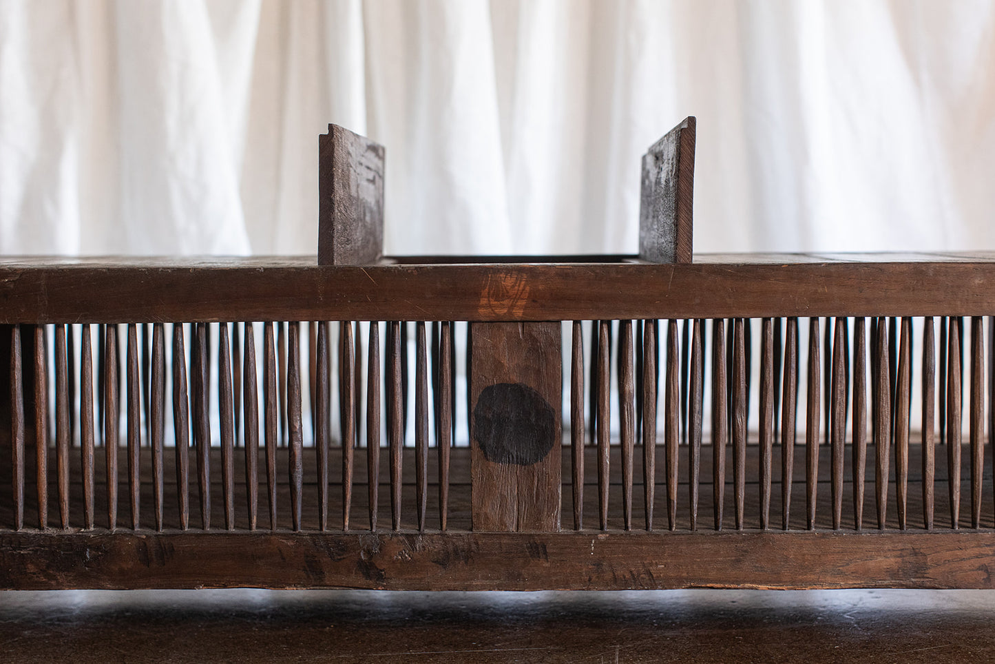 Vintage Primitive Style Carved Teak Wood Bench With Storage