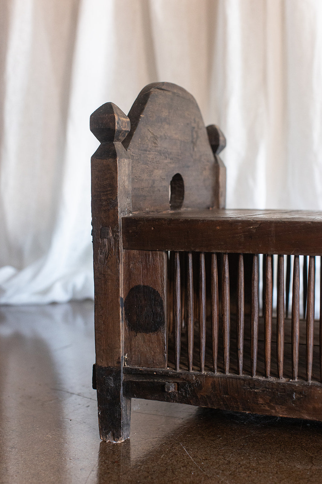 Vintage Primitive Style Carved Teak Wood Bench With Storage