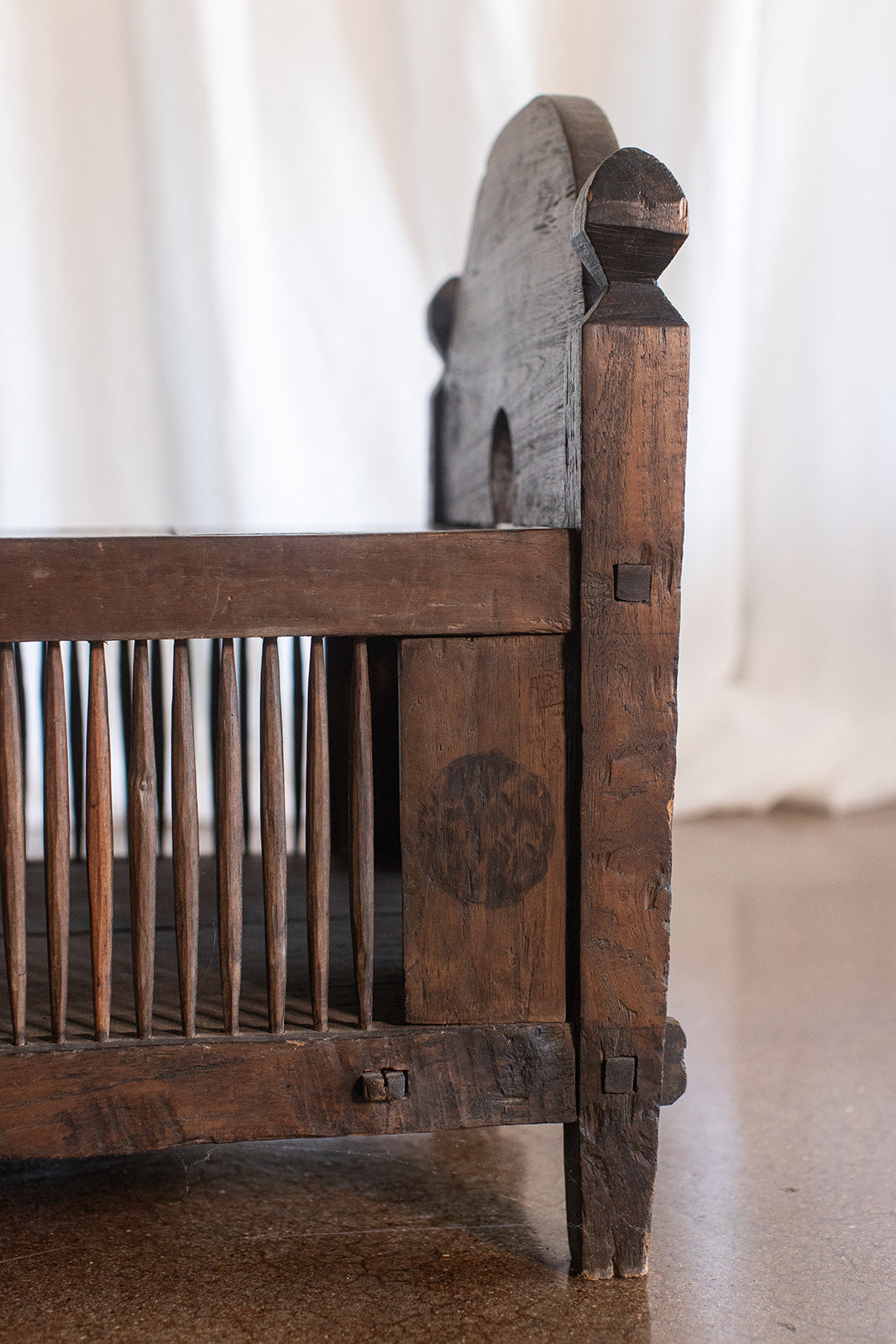 Vintage Primitive Style Carved Teak Wood Bench With Storage