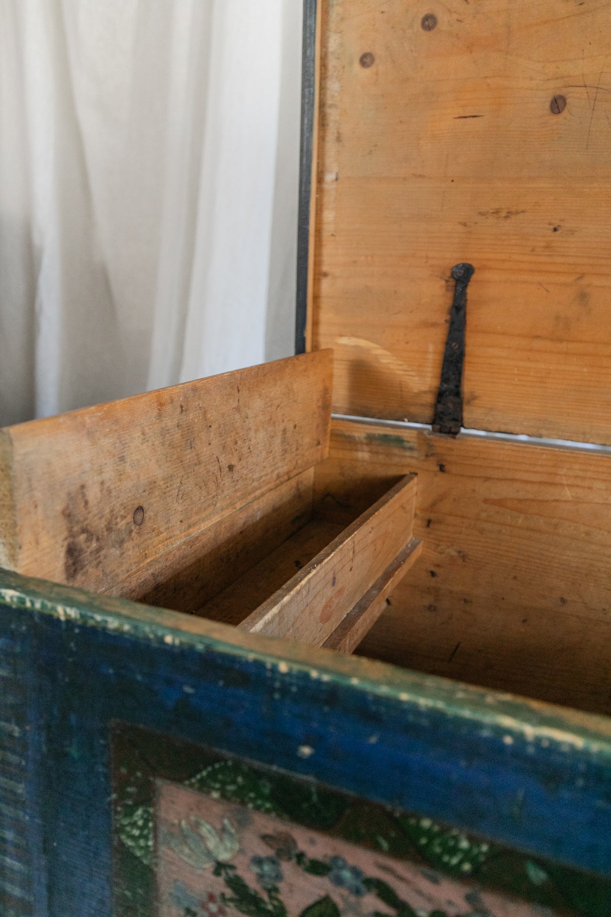 Antique Hand Painted Chest in Blue with Floral Motifs