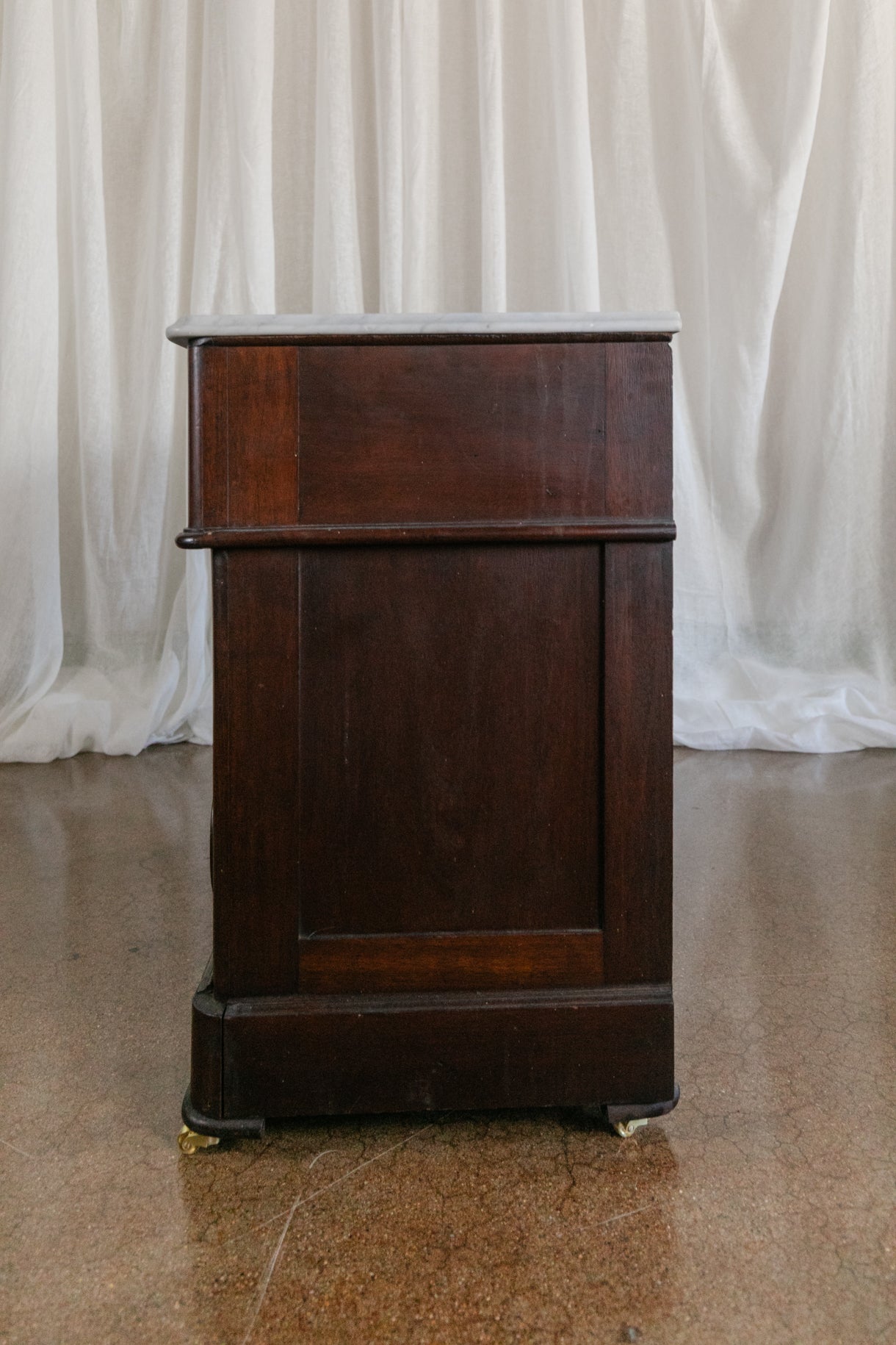 Three Drawer Walnut Chest with Carved Fruit Pulls and Marble Top on Casters - Mid to late 19th Century (Look for Sister Set)