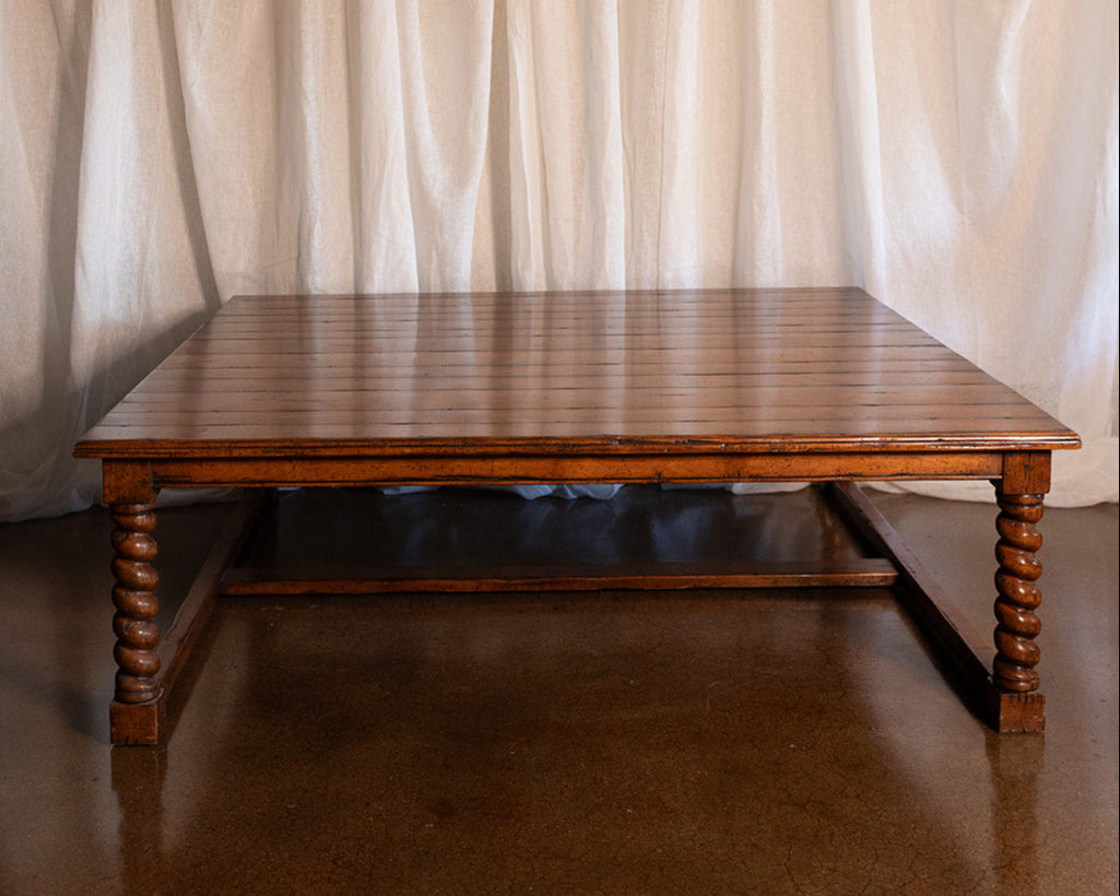Extra Large Square Solid Wood Plank Top Coffee Table with Barley Twist Legs