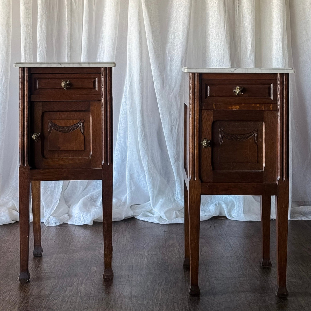 Pair of French Louis XVI Nightstands with Marble Tops