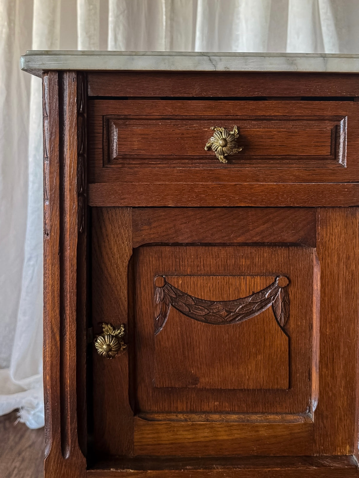 Pair of French Louis XVI Nightstands with Marble Tops