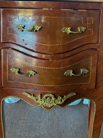 Pair of French Louis XV Style  Nightstands with Marble-Tops and Gilt Bronze Mounts
