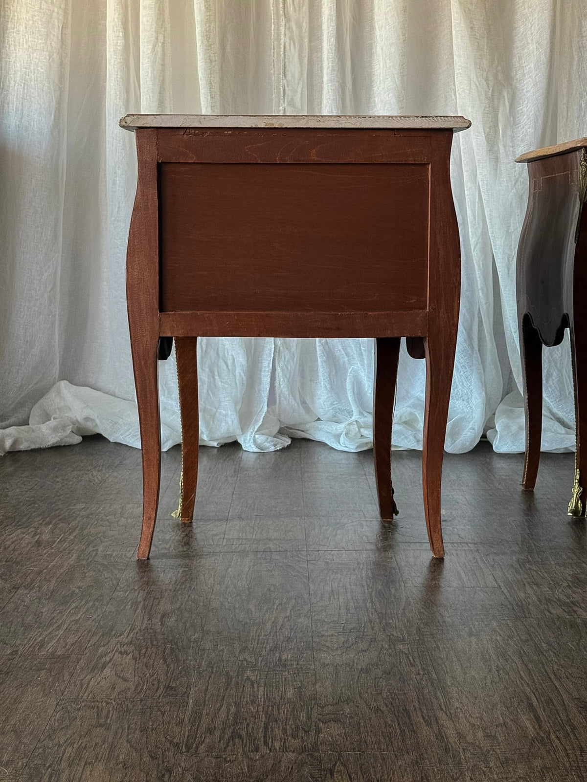 Pair of French Louis XV Style  Nightstands with Marble-Tops and Gilt Bronze Mounts