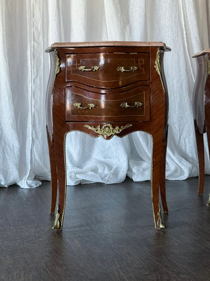 Pair of French Louis XV Style  Nightstands with Marble-Tops and Gilt Bronze Mounts