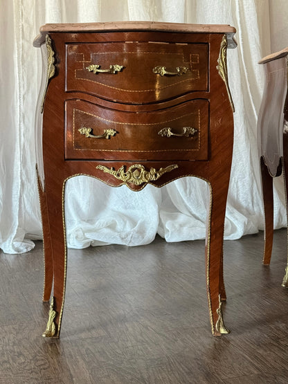 Pair of French Louis XV Style  Nightstands with Marble-Tops and Gilt Bronze Mounts