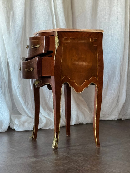 Pair of French Louis XV Style  Nightstands with Marble-Tops and Gilt Bronze Mounts