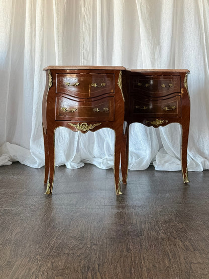 Pair of French Louis XV Style  Nightstands with Marble-Tops and Gilt Bronze Mounts