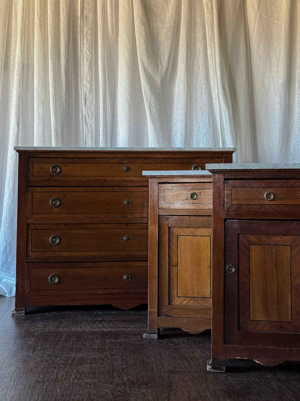 Italian Walnut Commode Suite with Grey-Veined Marble Top