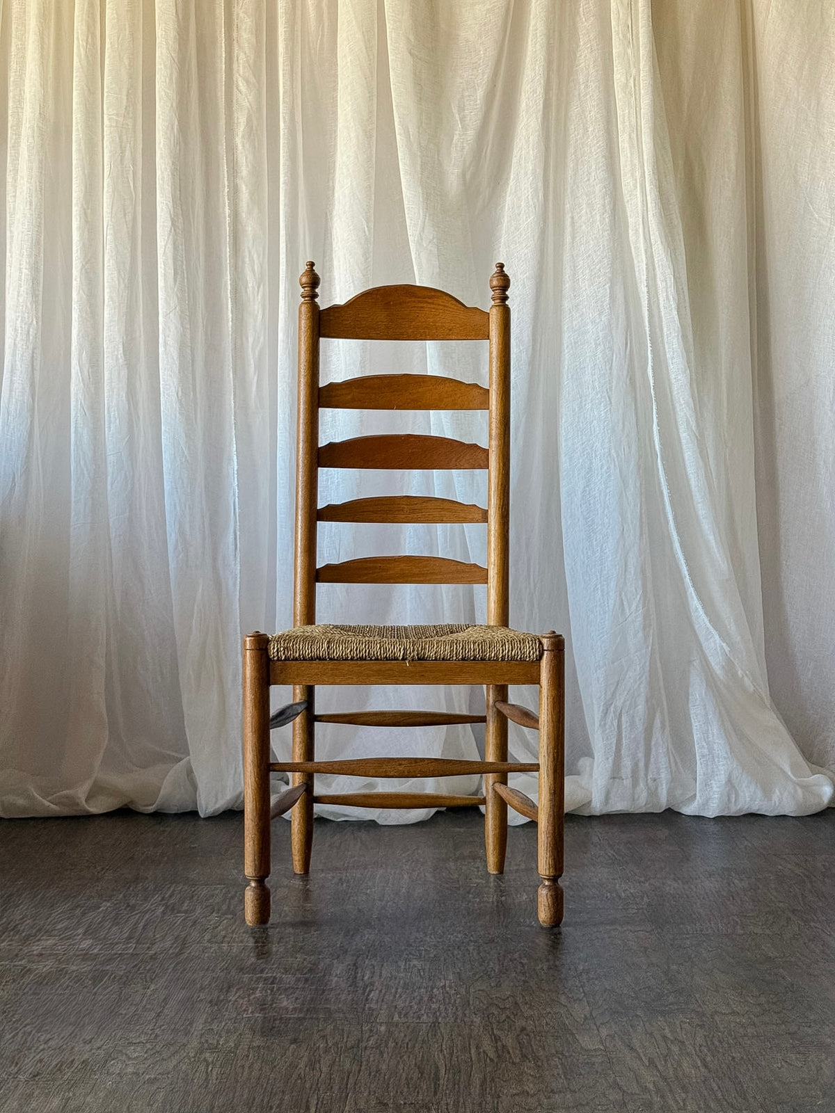 Set of Six French Ladder Back Dining Chairs with Rush Seats and Turned Finials