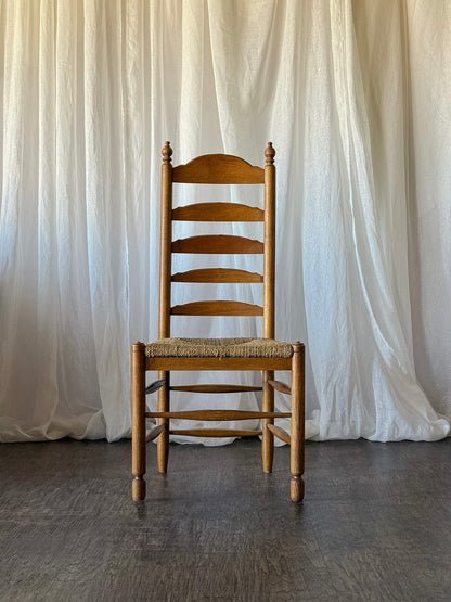 Set of Six French Ladder Back Dining Chairs with Rush Seats and Turned Finials