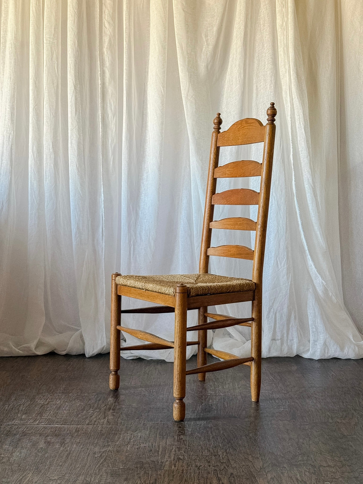 Set of Six French Ladder Back Dining Chairs with Rush Seats and Turned Finials