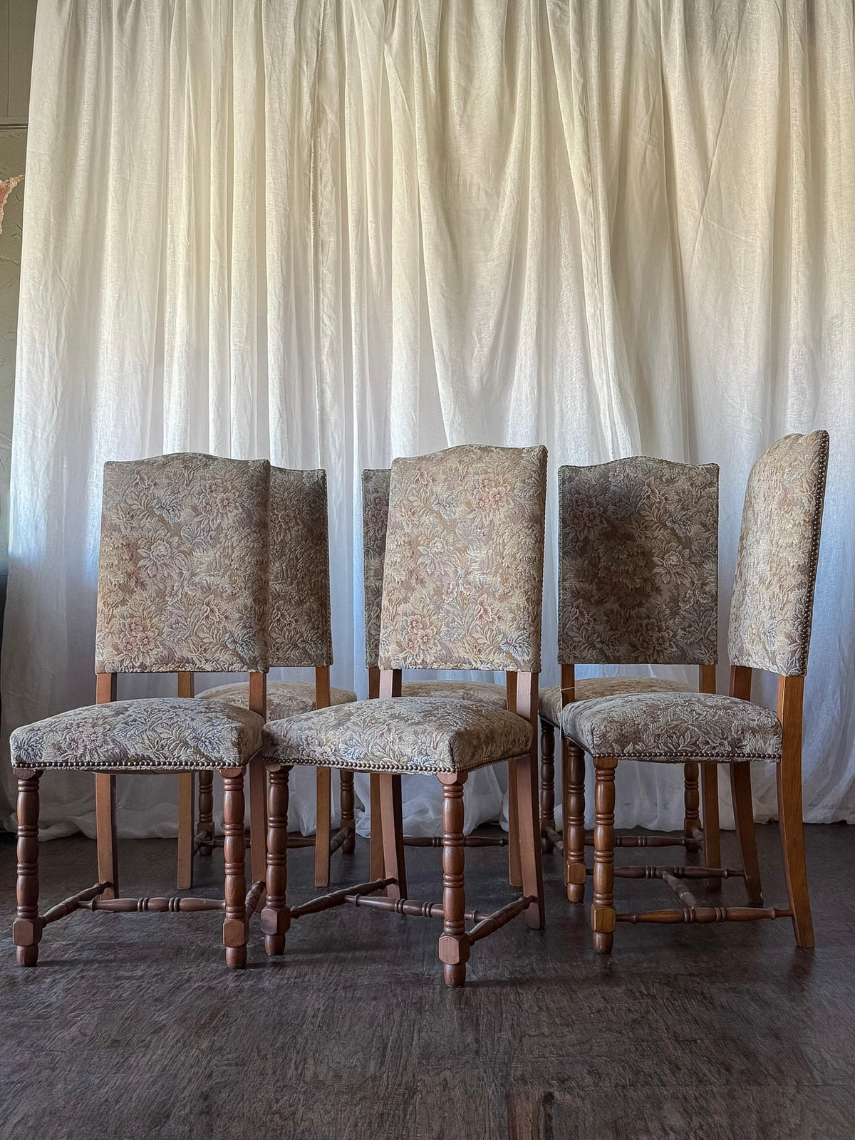 Set of Six Floral Tapestry Dining Chairs with Turned Legs