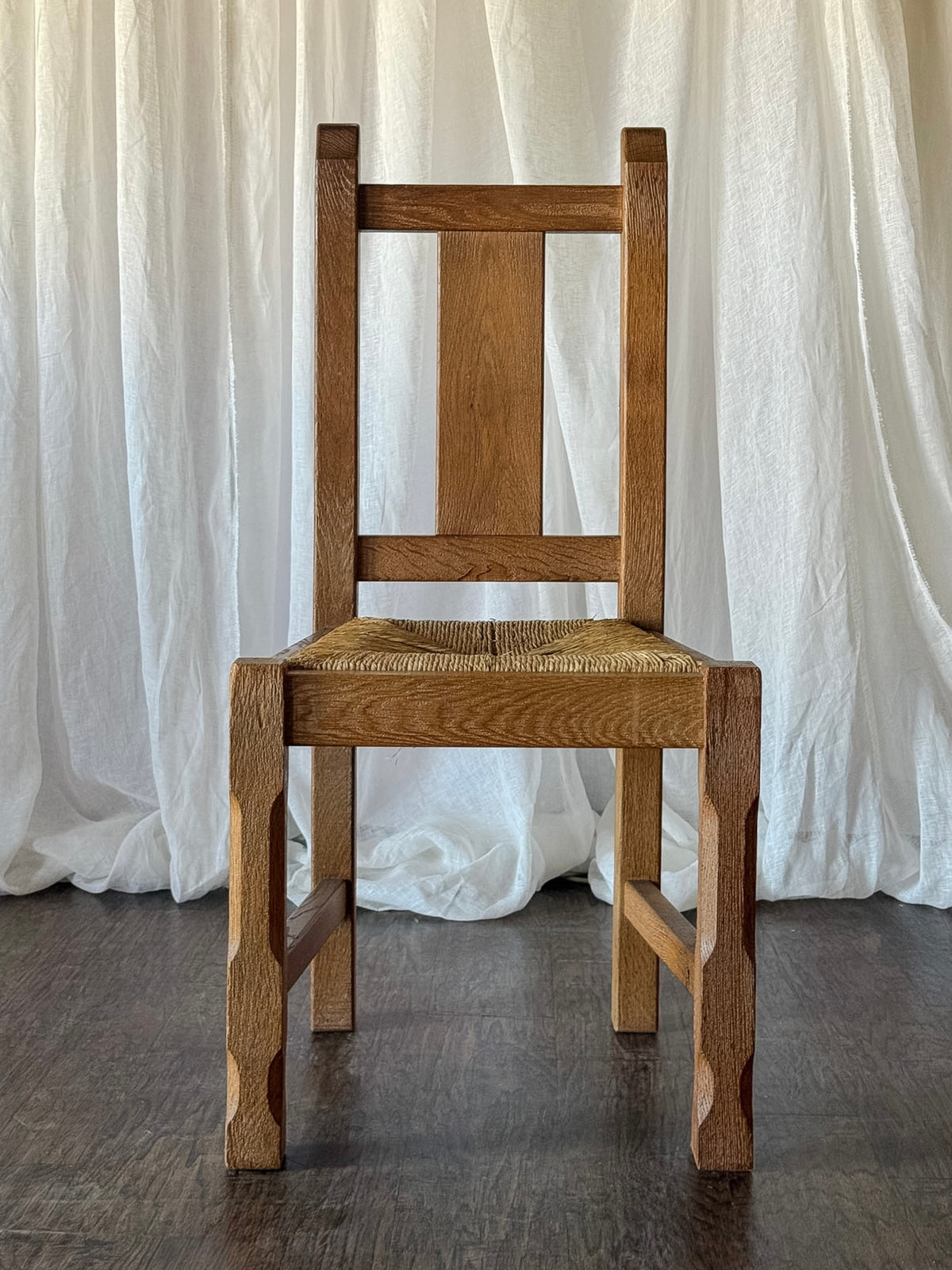 Set of Six Rustic French Oak Dining Chairs with Rush Seats