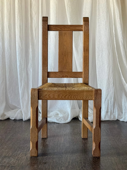 Set of Six Rustic French Oak Dining Chairs with Rush Seats