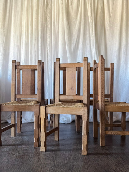 Set of Six Rustic French Oak Dining Chairs with Rush Seats