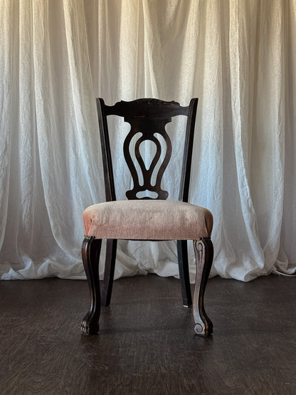 Set of Six Dark Wood Dining Chairs with Blush Upholstered Seats
