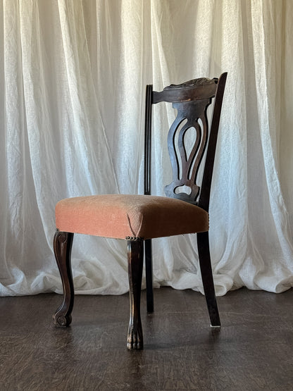 Set of Six Dark Wood Dining Chairs with Blush Upholstered Seats