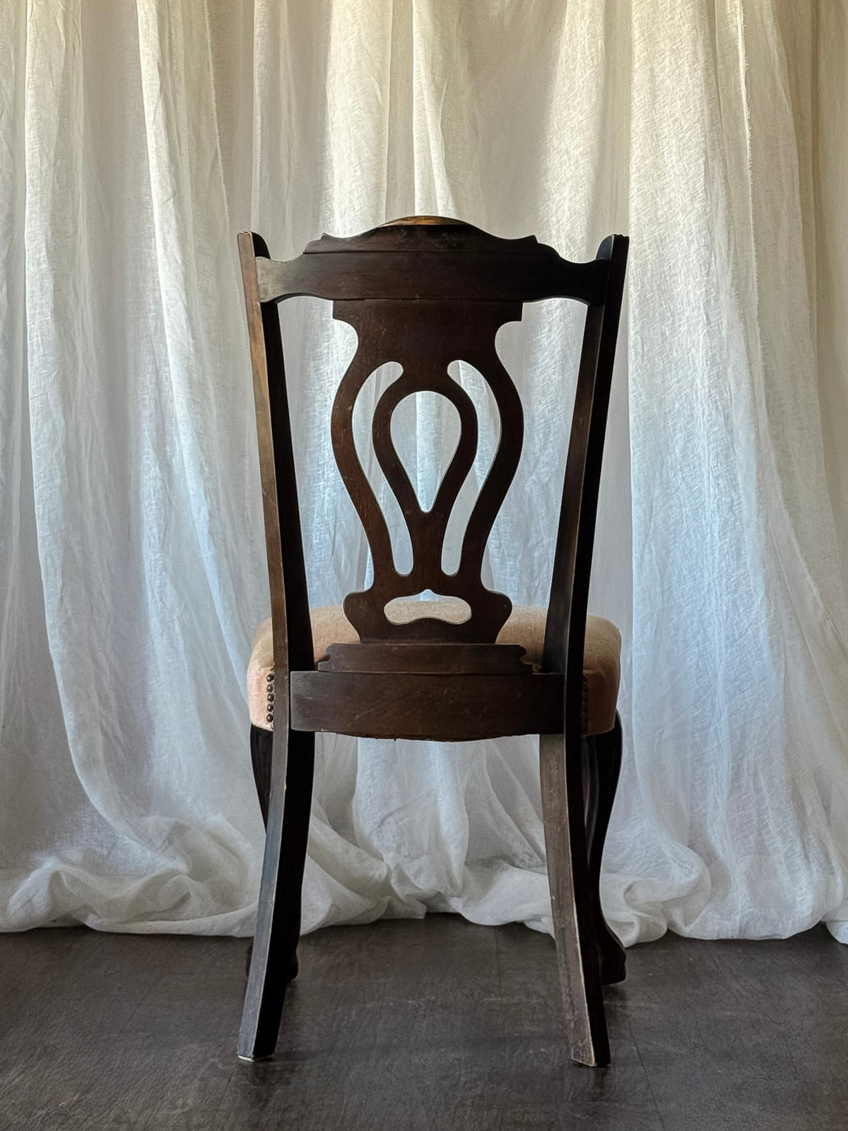 Set of Six Dark Wood Dining Chairs with Blush Upholstered Seats