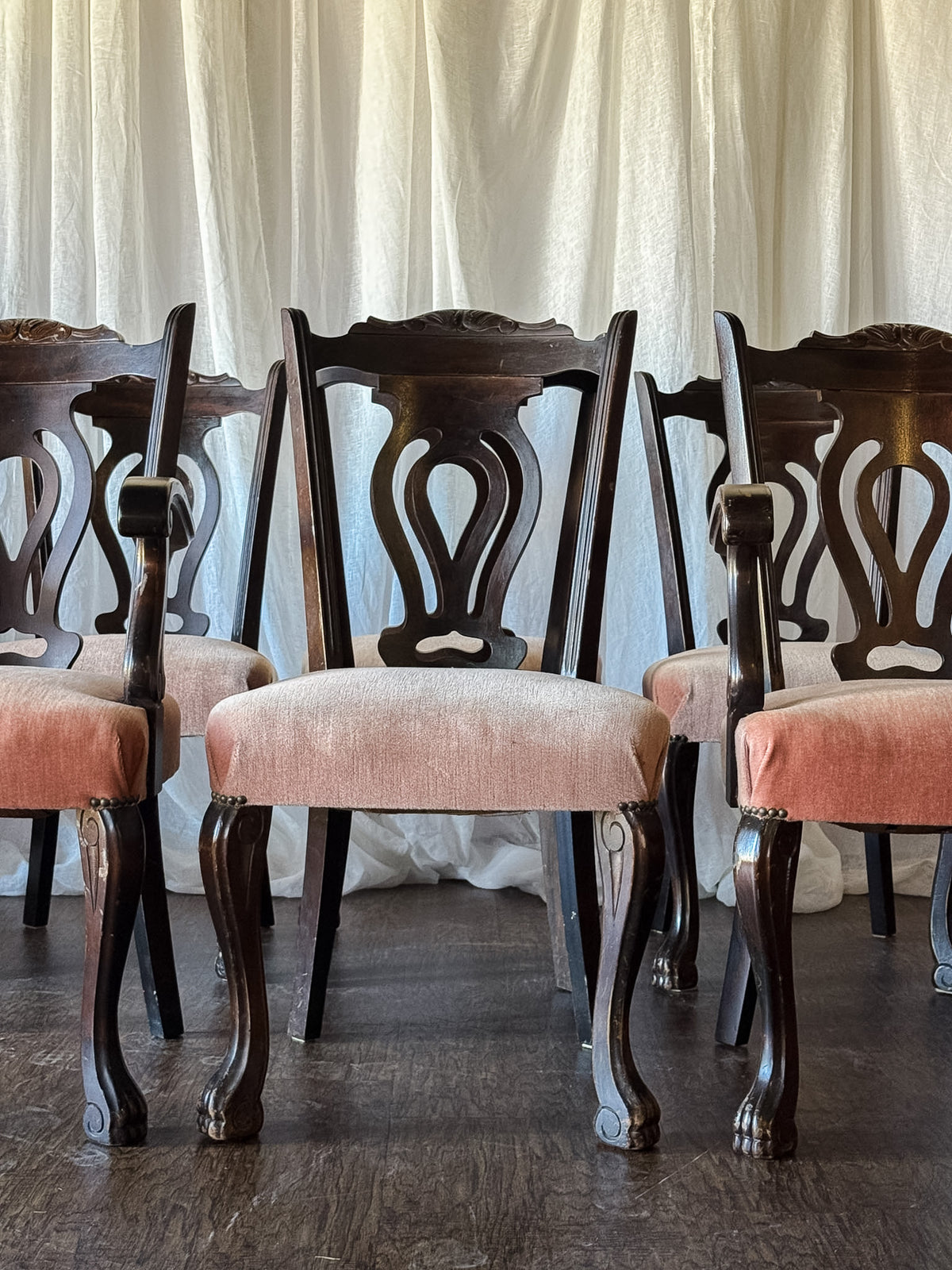 Set of Six Dark Wood Dining Chairs with Blush Upholstered Seats