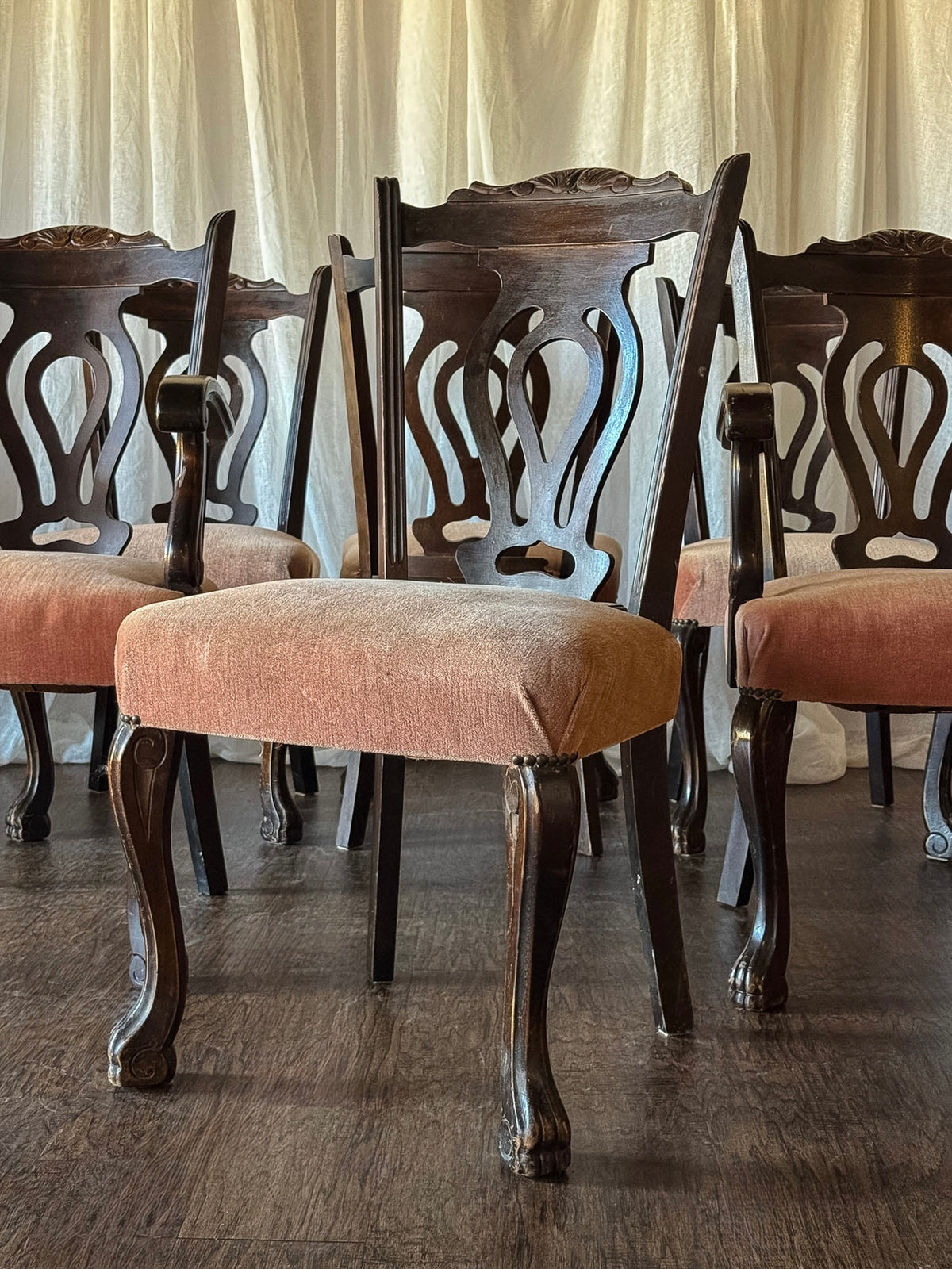 Set of Six Dark Wood Dining Chairs with Blush Upholstered Seats