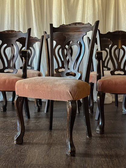 Set of Six Dark Wood Dining Chairs with Blush Upholstered Seats