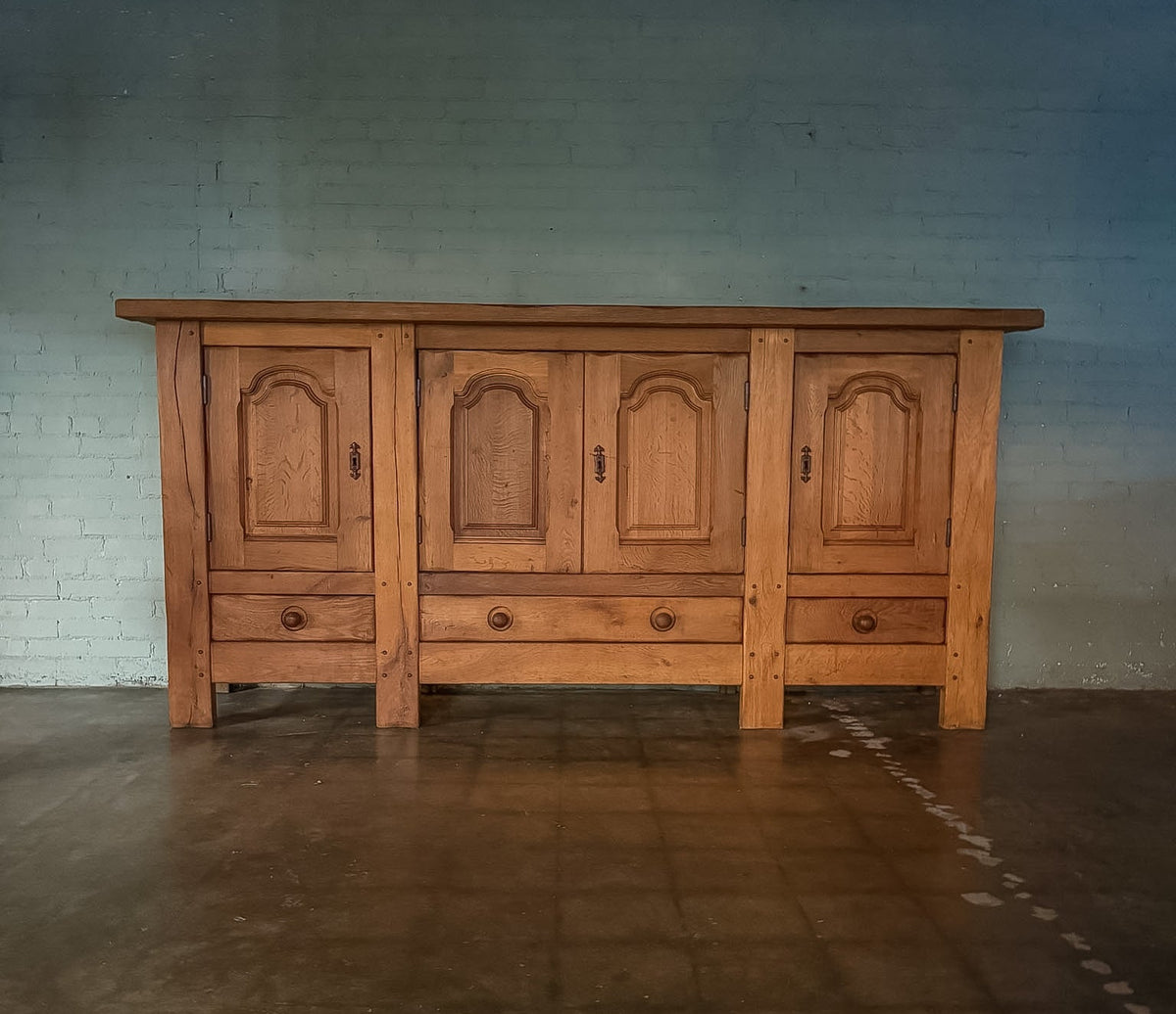 Mid 1900s Rustic French Light Oak Paneled Sideboard