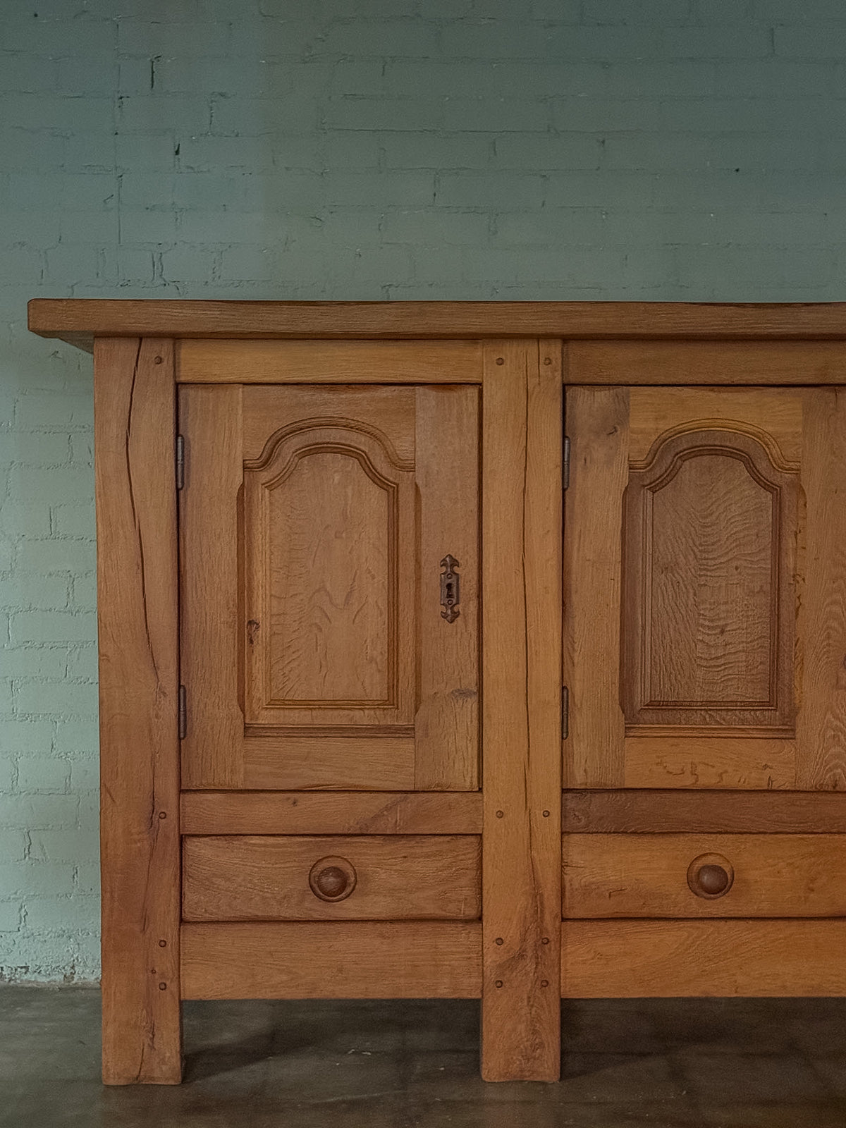 Mid 1900s Rustic French Light Oak Paneled Sideboard