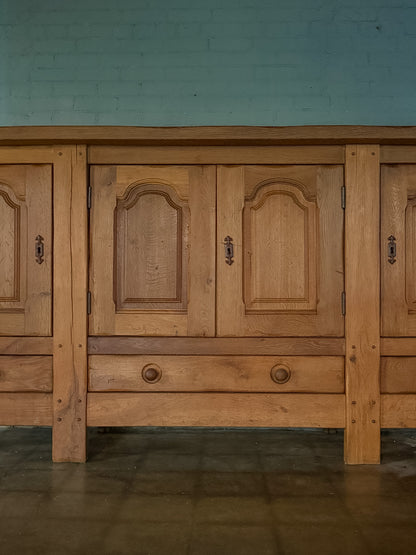 Mid 1900s Rustic French Light Oak Paneled Sideboard