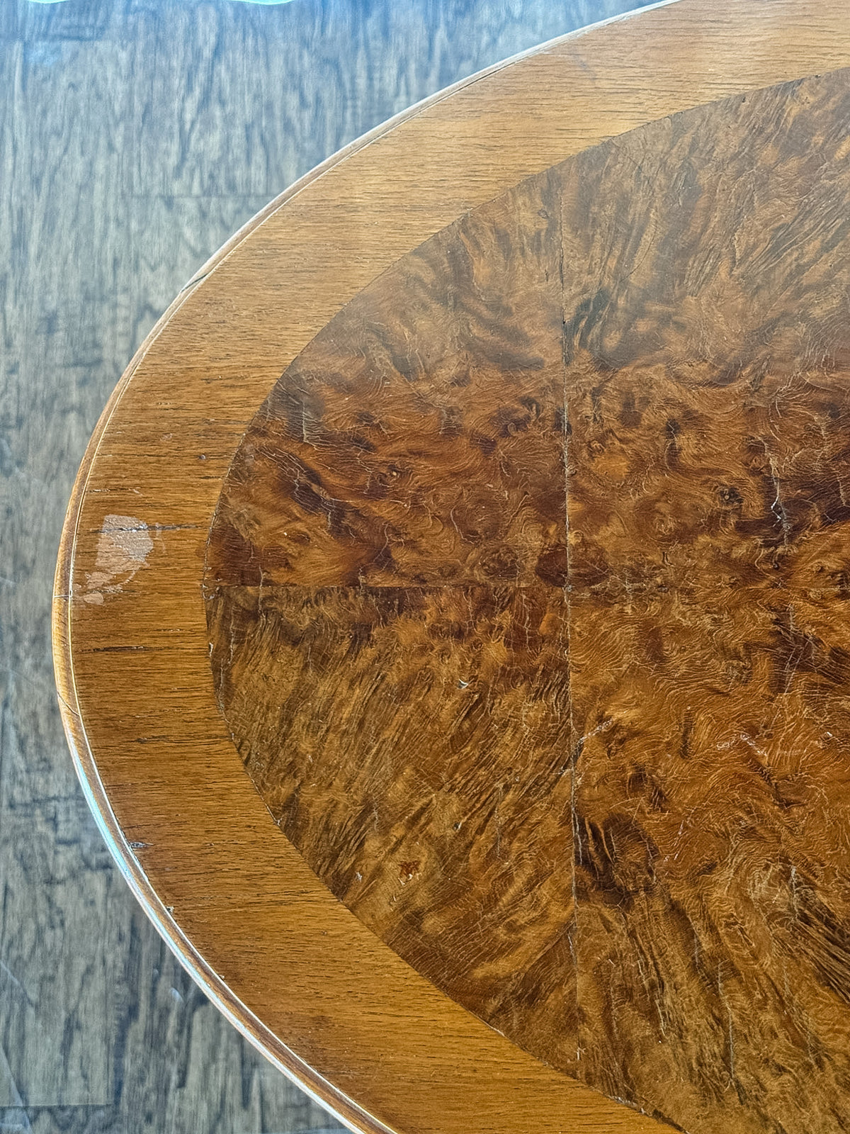 Burl Wood Oval Accent Table with Stretcher Base