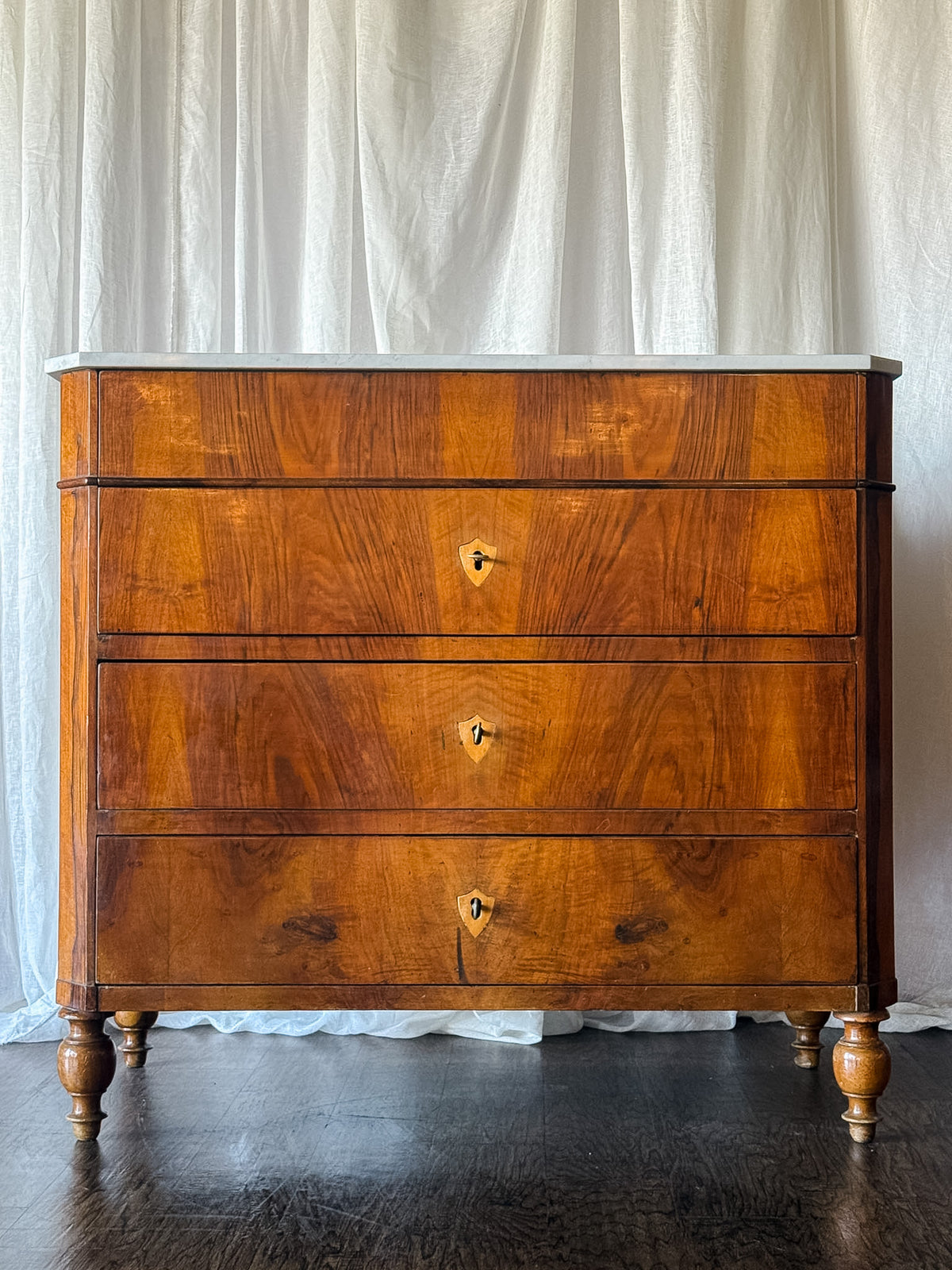 Walnut Flame Veneered Commode with White Marble Top
