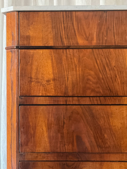 Walnut Flame Veneered Commode with White Marble Top
