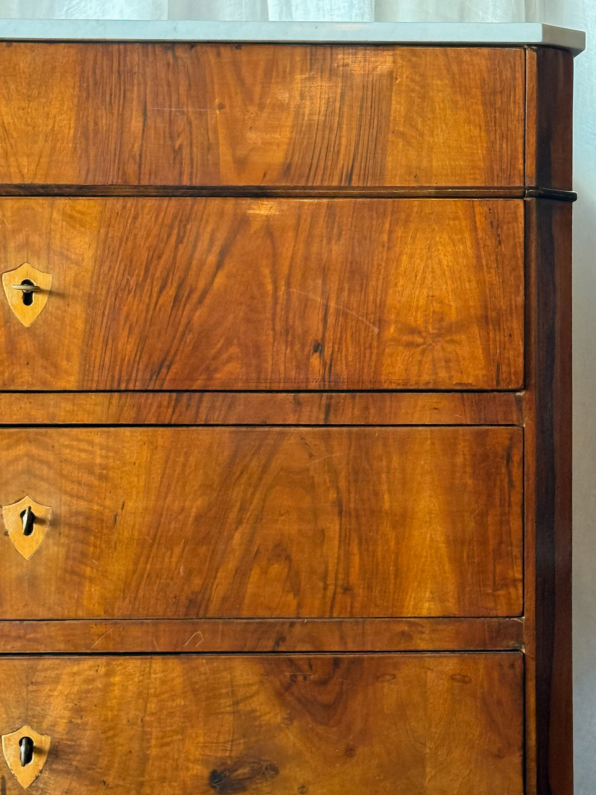 Walnut Flame Veneered Commode with White Marble Top