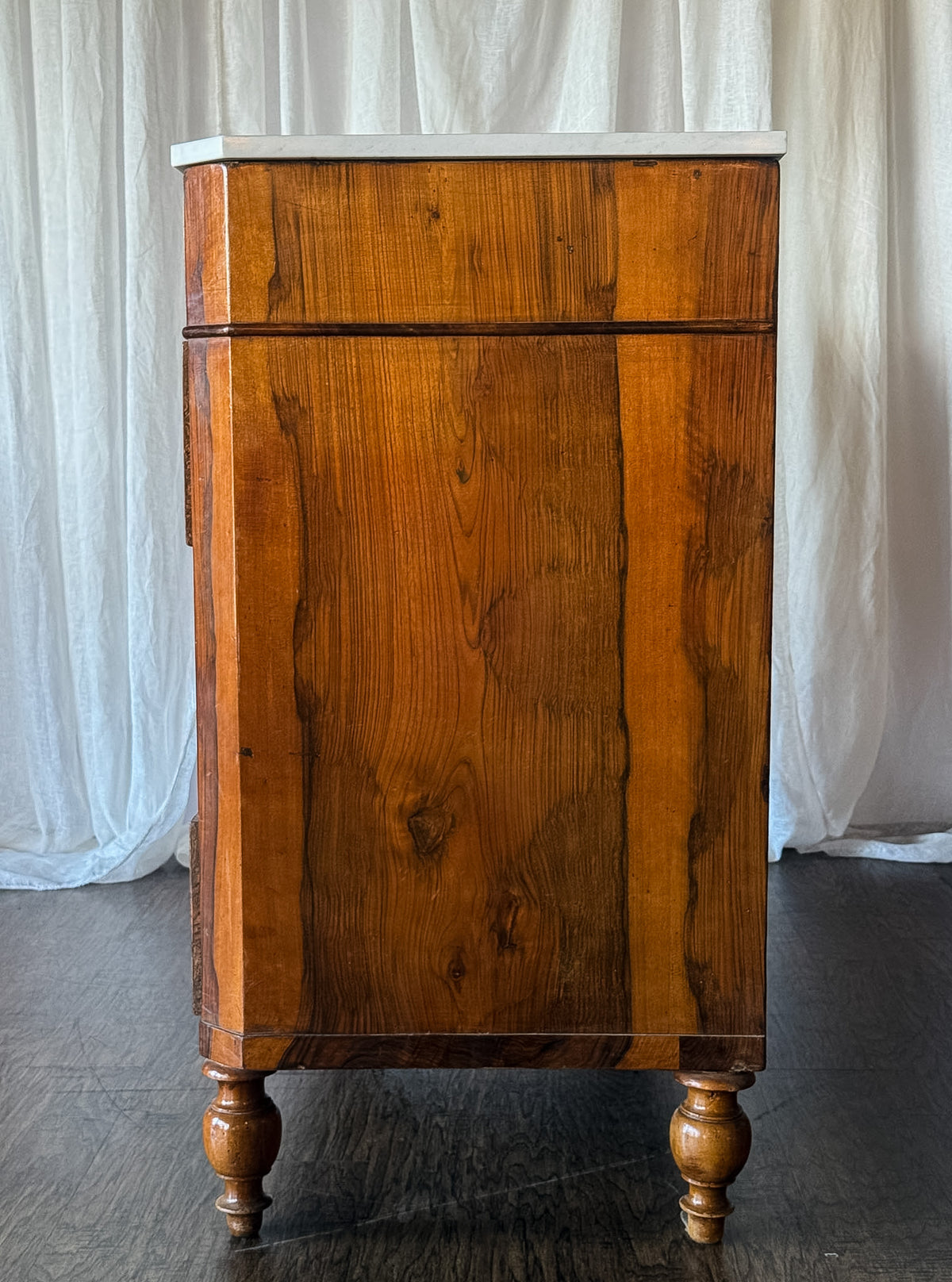 Walnut Flame Veneered Commode with White Marble Top