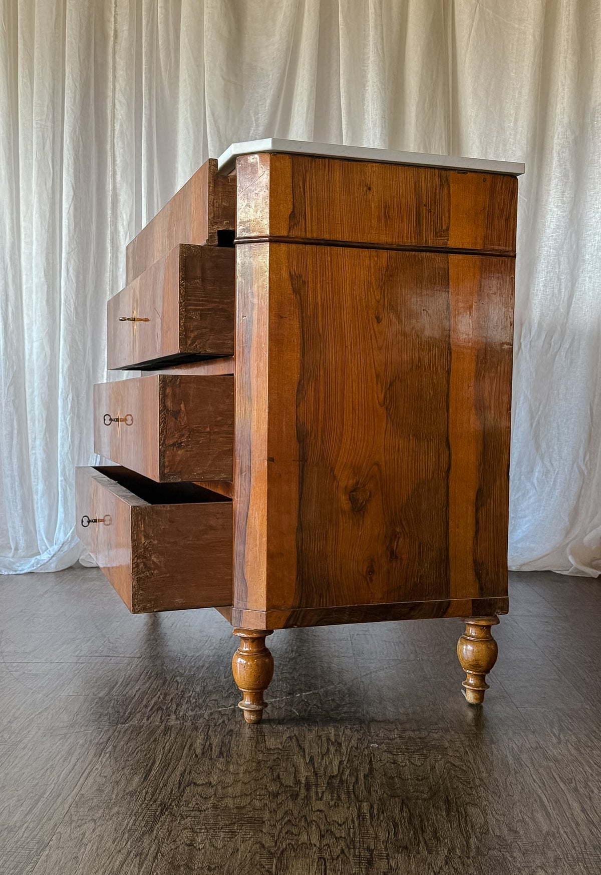 Walnut Flame Veneered Commode with White Marble Top