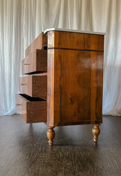 Walnut Flame Veneered Commode with White Marble Top