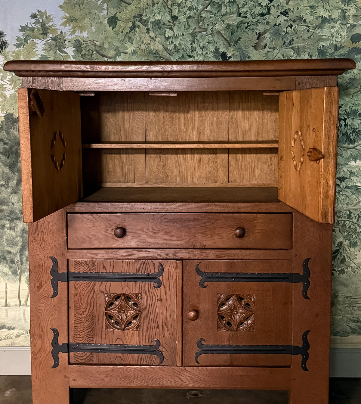 Antique Oak Cupboard Cabinet with Iron Details