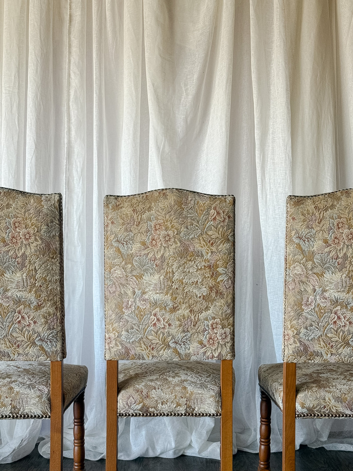 Set of Six Floral Tapestry Dining Chairs with Turned Legs