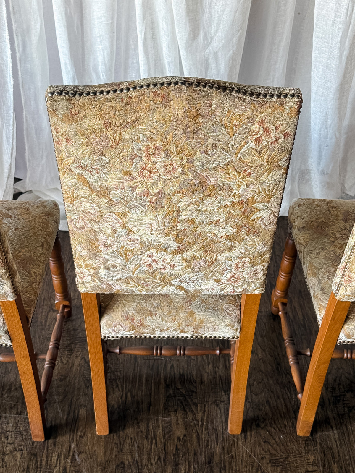 Set of Six Floral Tapestry Dining Chairs with Turned Legs